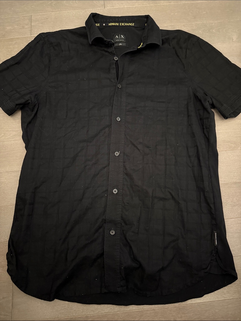 Armani Exchange Black Short-Sleeve Button-Up Shirt with Subtle Check